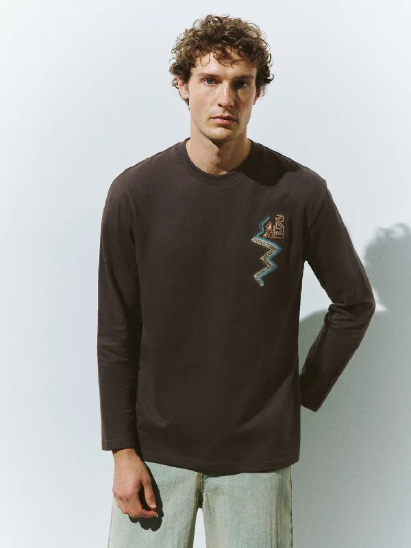 Printed Crew Neck Loose T-Shirt Front Pockets Side Pockets Patch Pockets