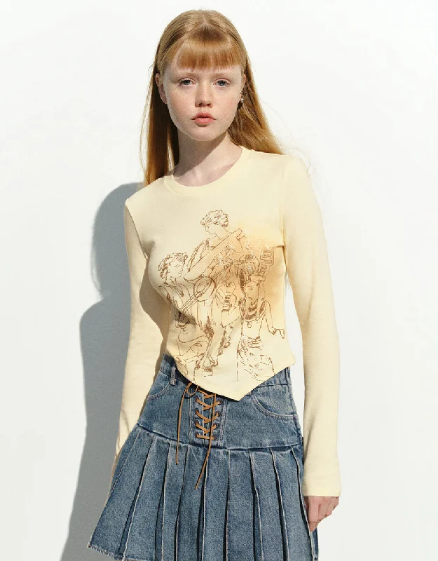 Printed Crew Neck Skinny T-Shirt Welt Pockets Slit Pockets Flap Pockets