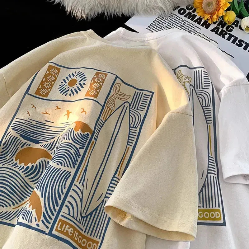 Privathinker 100% Cotton Women T-shirts Summer New Short Sleeve Tees Sea Graphic Embroidered Appliqued Beaded