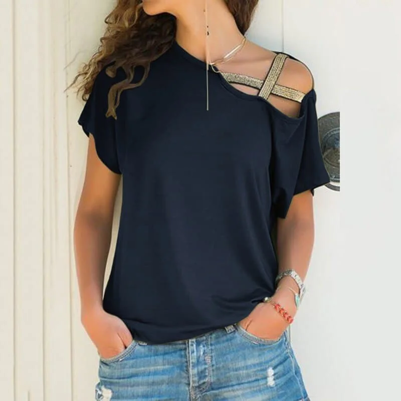 DressBetty - Skew Neck Irregular Criss Cross T-shirt Chenille Fabric Brocade Fabric Lace Fabric