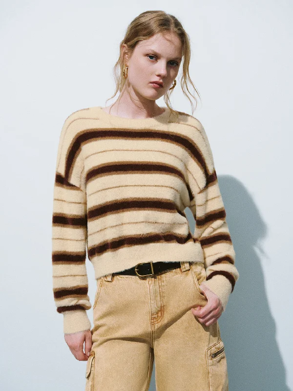 Striped Crew Neck Knitted T-Shirt Terry Blend Velvet Blend Canvas Blend
