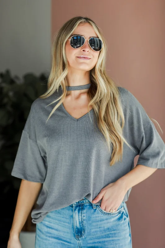 FINAL SALE - Teagan Grey Ribbed Cutout Tee - DU DEAL Basic T-Shirt Crew Neck Short Sleeve