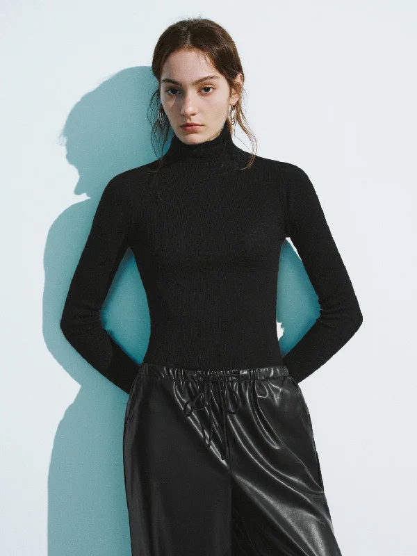 Turtle Neck Skinny Knitted T-Shirt Collared Crew Neck Turtle Neck