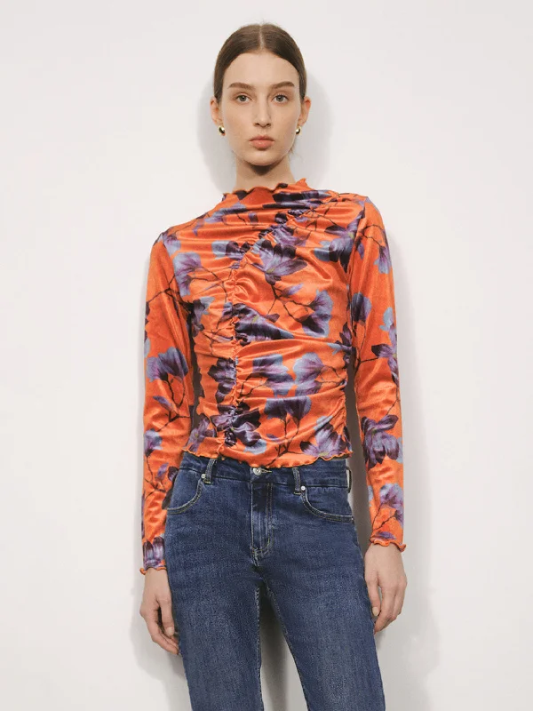 Ruched Printed Crew Neck Skinny T-Shirt Elegant Classic Vintage