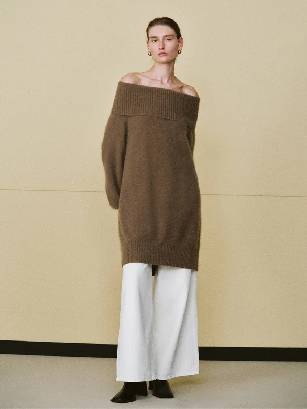 Off-Shoulder Loose Knitted T-Shirt Fashionable Trendy Casual