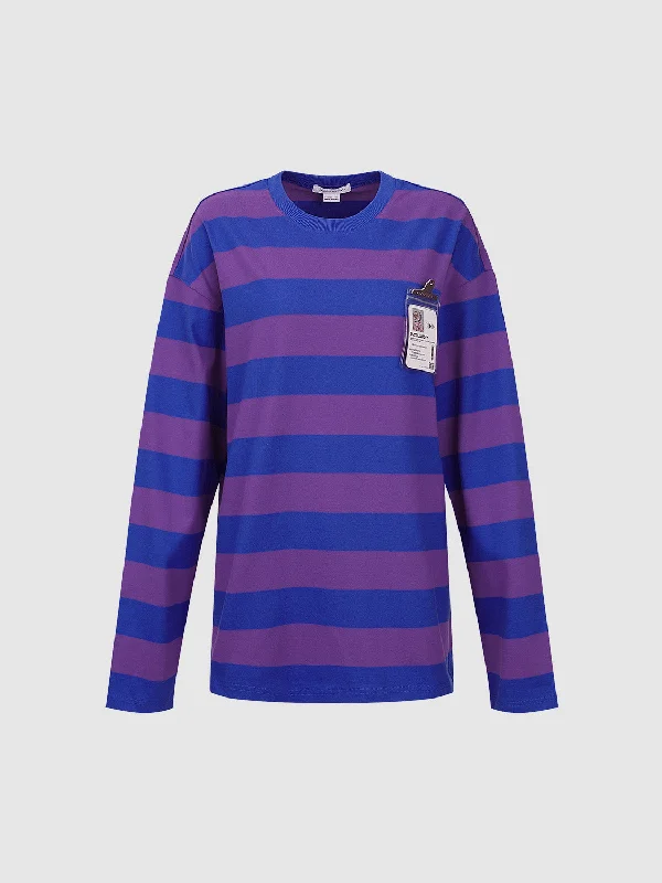 Striped Crew Neck Loose T-Shirt Mesh Blend Leather Blend Suede Blend