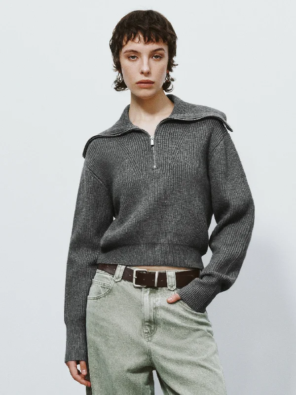 Zip Half Placket Knitted T-Shirt Zippered Buttoned Snapped