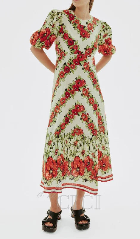 ALYSSA FLORAL PRINT MIDI DRESS IN RED Comfortable Draped Midi Dress