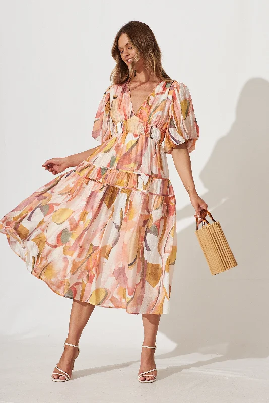 Amalie Midi Dress In White With Multi Floral Trendy Off-Shoulder Ruffle Midi Dress
