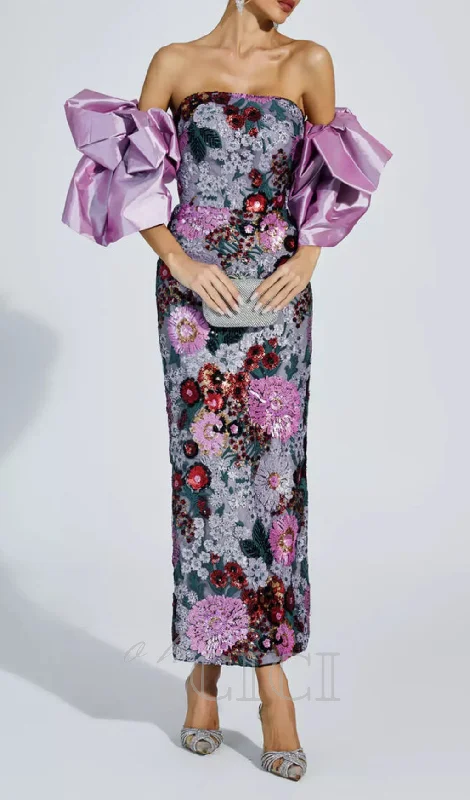 ANGELA MULTICOLOR FLOWER SEQUINS RUFFLED SHOULDER MIDI DRESS Stylish Button-Down Midi Dress