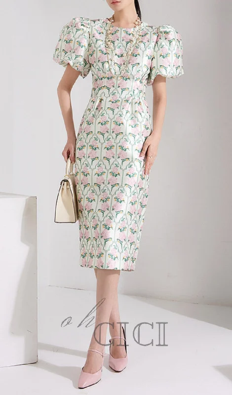 PUFF-SLEEVE FLORAL PRINTED MIDI DRESS Cozy Knit Midi Dress