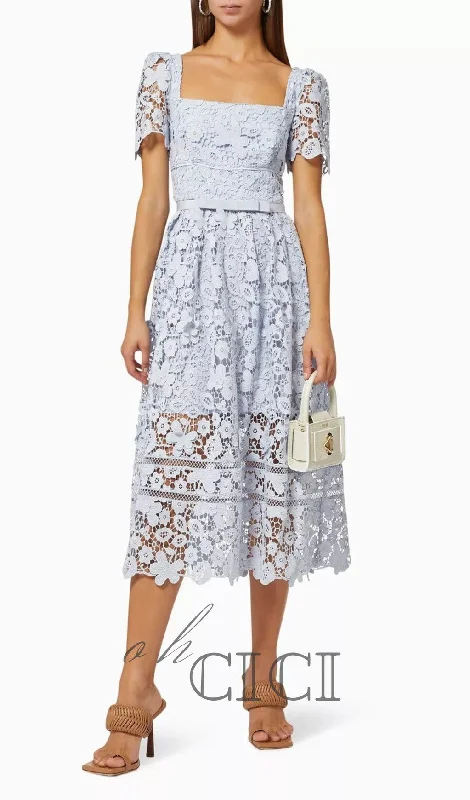LACE MIDI DRESS IN GUIPURE Trendy Smocked Waist Midi Dress