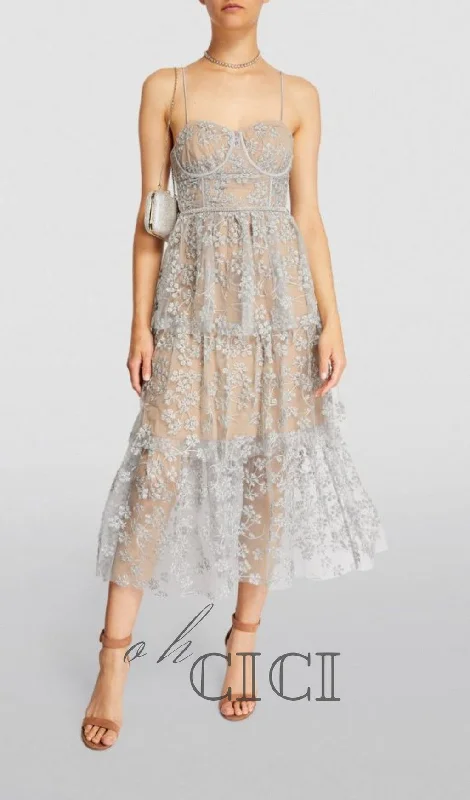 FLORAL EMBELLISHED MIDI DRESS IN BLUE Cozy A-Line Midi Dress