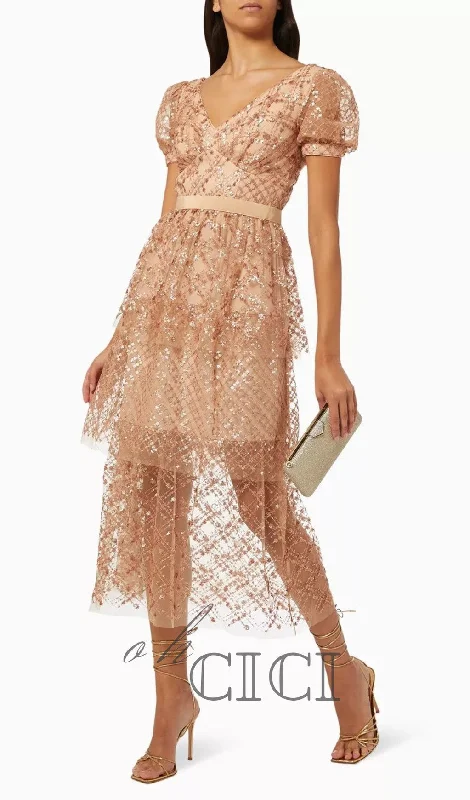 V NECK SEQUIN TIERED MIDI DRESS Elegant Sleeveless Midi Dress