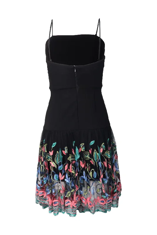 Black Midi Dress WIth Floral Embroidery Trendy Flared Sleeve Midi Dress