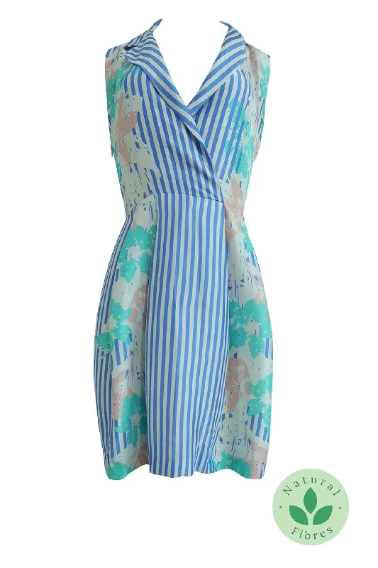 Blue & White Striped Midi Dress With Floral Prints Cozy T-shirt Midi Dress