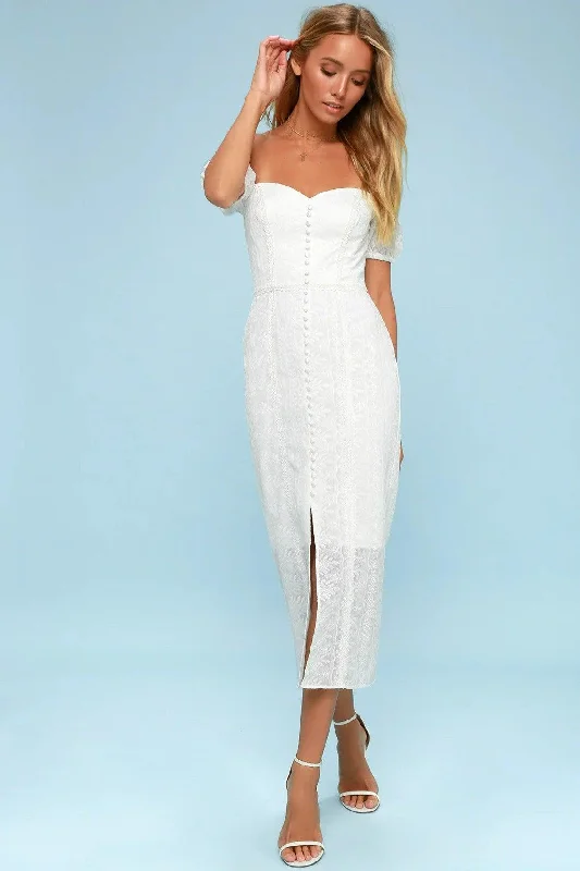 Maella White Embroidered Off Shoulder Midi Dress Chic Bohemian Midi Dress
