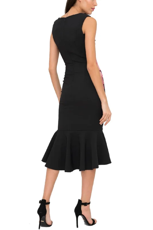 Darcia Black And Pink Stretch Crepe Midi Dress Floral Applique Trendy Floral Wrap Midi Dress