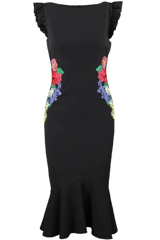 Midi Dress with Frilled Shoulders and Fluted Hem Trendy Ruffled Sleeve Midi Dress