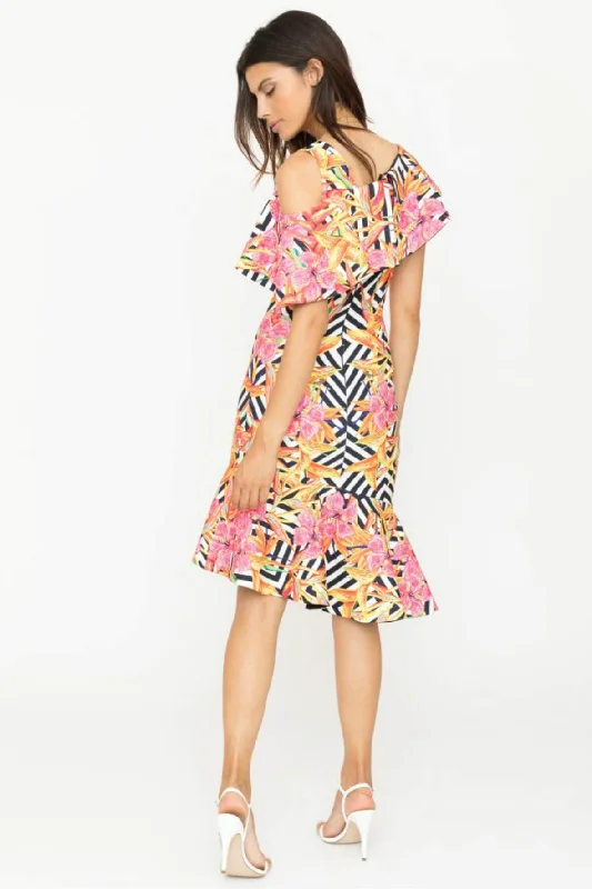 Stretch Crepe Midi Dress with Asymmetrical Hem Frill Chic Lace Detail Midi Dress
