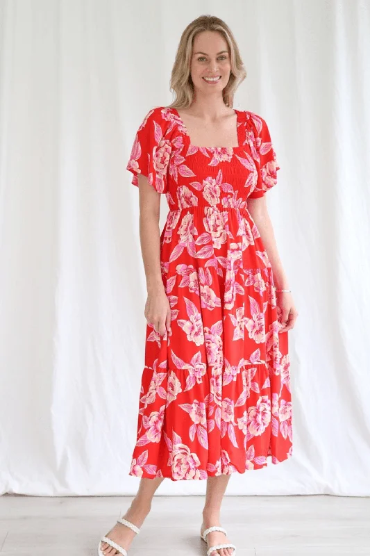Arden Midi Dress - Fiery Red Elegant Satin Slip Midi Dress