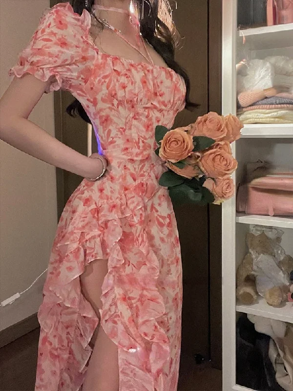 Autumn Beach Floral One Piece Dress Korean Ladies Short Sleeve French Elegant Dress Fashion Party Casual Vintage Midi Dress Stylish Vintage Midi Dress