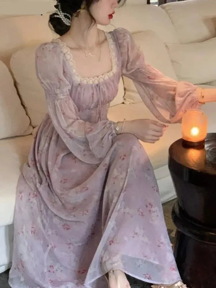 Autumn Floral Princess Evening Party Midi Dresses for Women French Elegant Bandage Long Sleeve Vestidos Korean Spring Clothes Trendy Boho Midi Dress