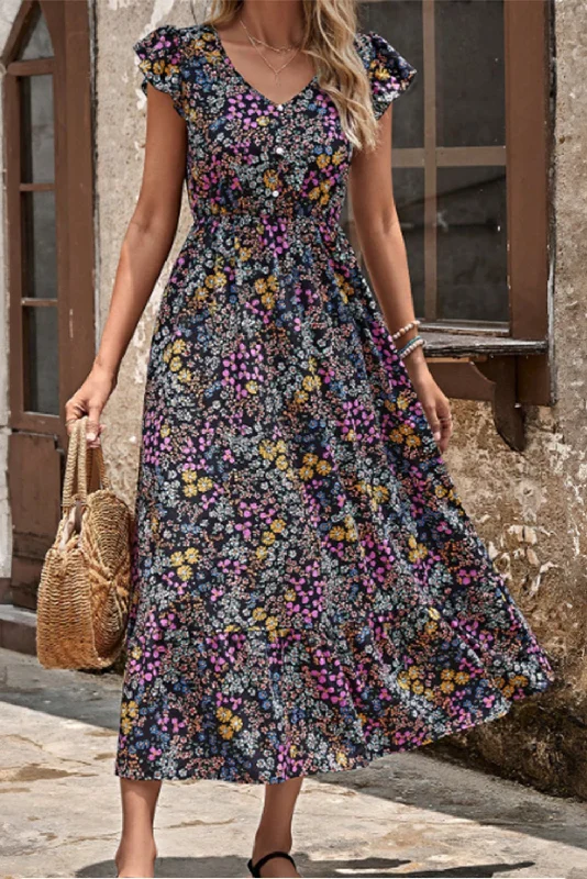 Black Floral Ruffled Sleeve V Neck Buttoned Midi Dress Trendy Smocked Waist Midi Dress