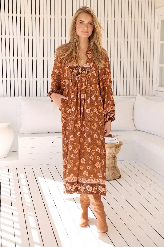 Boheme Long Sleeve Midi Dress - Aubrey Stylish Long Sleeve Floral Midi Dress