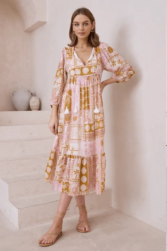 Boho Colette Midi Dress - Patchwork Beige Cozy Tie-Dye Midi Dress