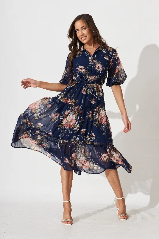 Brittney Midi Dress In Navy And Pink Floral Chiffon Trendy Floral Wrap Midi Dress