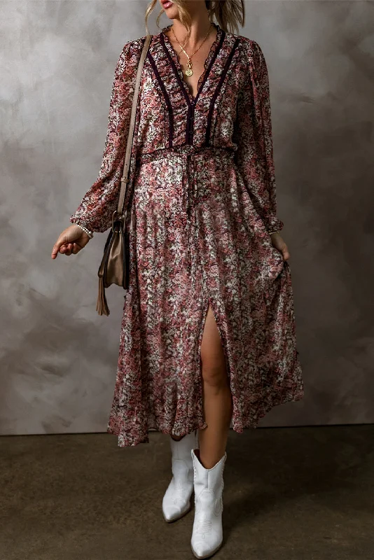 Brown Floral Print Split Front Tiered Frilled V Neck Midi Dress Comfortable Sleeveless Midi Dress Brown Floral Print Split Front Tiered Frilled V Neck Midi Dress Comfortable Sleeveless Midi Dress