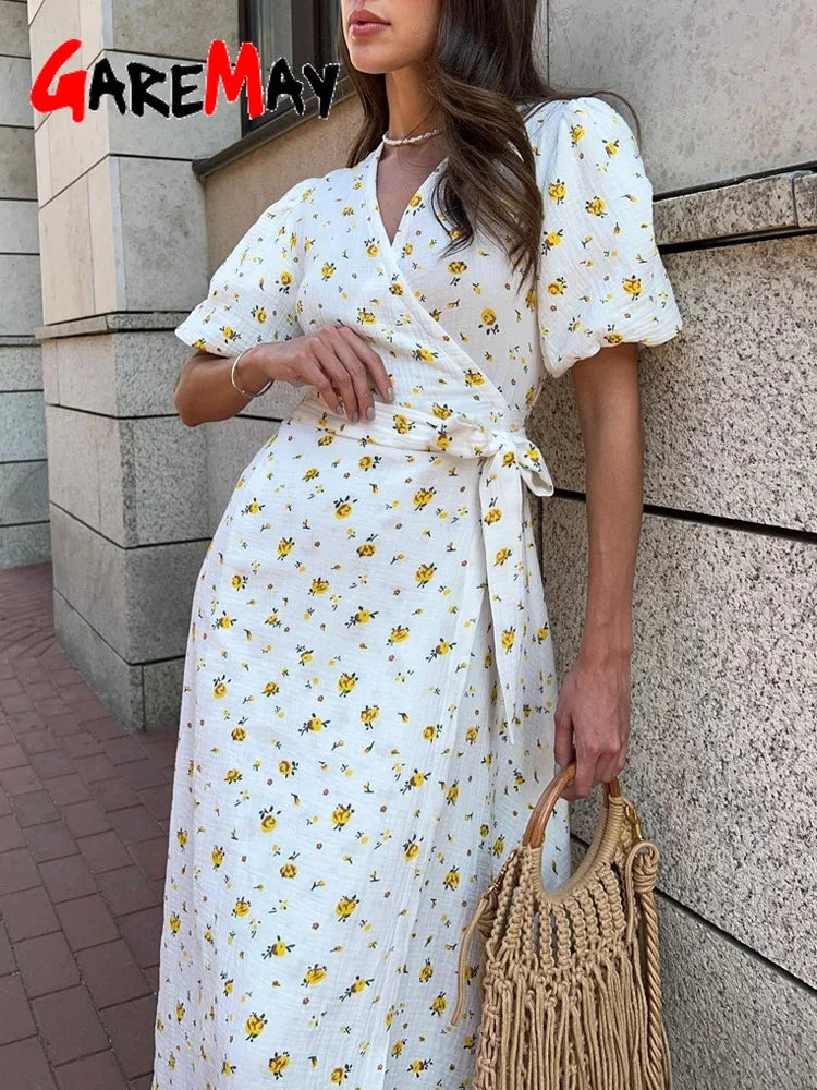 Casual Women's Summer Dresses 100% Cotton Floral Print A-line Midi Dress with Side Slits Long Elegant White Dress for Women Fashionable A-Line Midi Dress