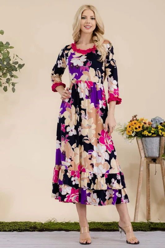 Floral Ruffled Midi Dress Classic Black Midi Dress