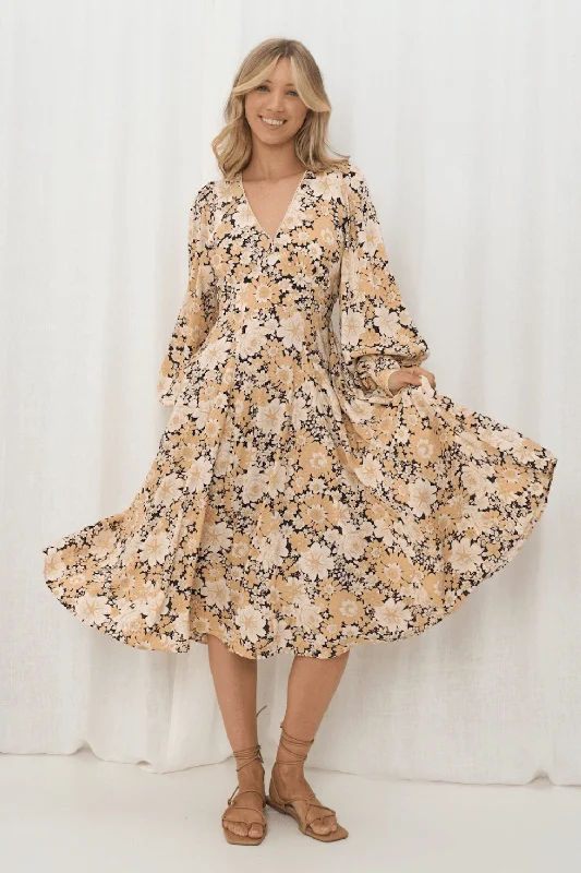 Celeste Midi Dress - Beige Floral Chic Bohemian Midi Dress