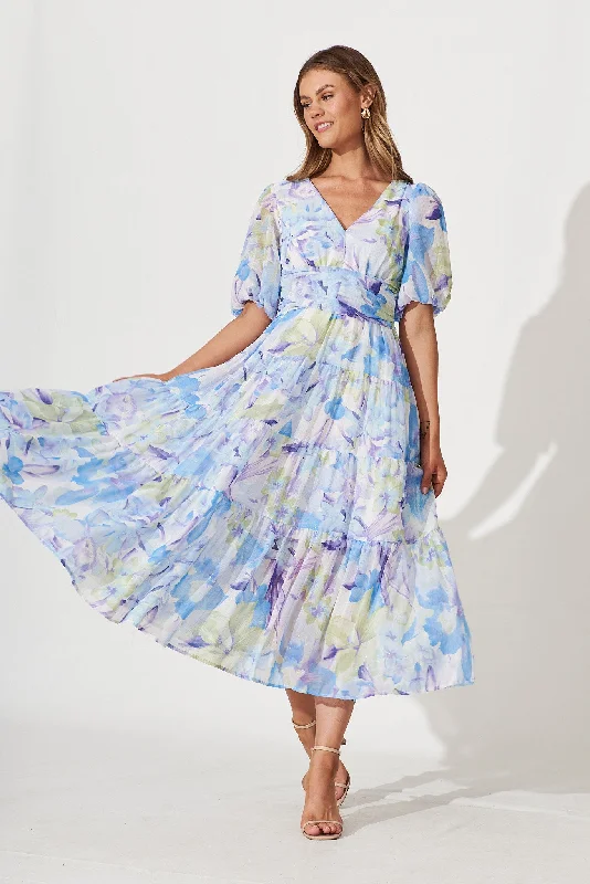 Celine Midi Dress In Blue With Green Watercolour Floral Print Elegant Faux Wrap Midi Dress