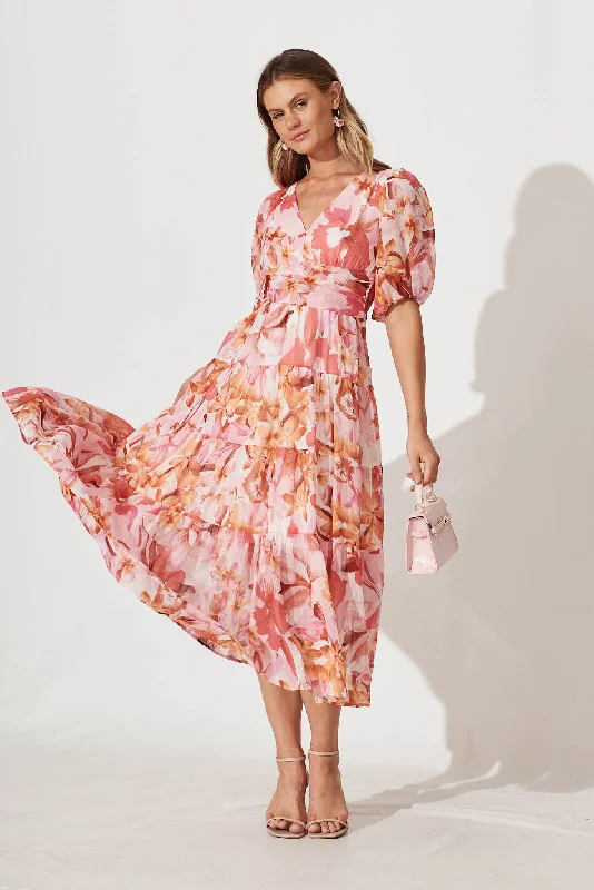 Celine Midi Dress in Pink Floral Lurex Chiffon Fashionable Pleated Midi Dress