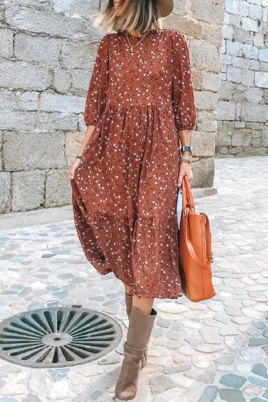 Chestnut Floral Print 3/4 Sleeve Ruffle Hem Midi Dress Stylish Long Sleeve Floral Midi Dress