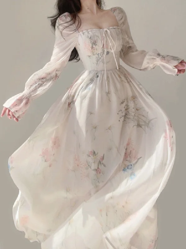 Chiffon Elegant Floral Midi Dress Woman Party Beach Style Long Sleeve Dress Boho One Piece Dress Korean Fashion Summer Cozy Spaghetti Strap Midi Dress