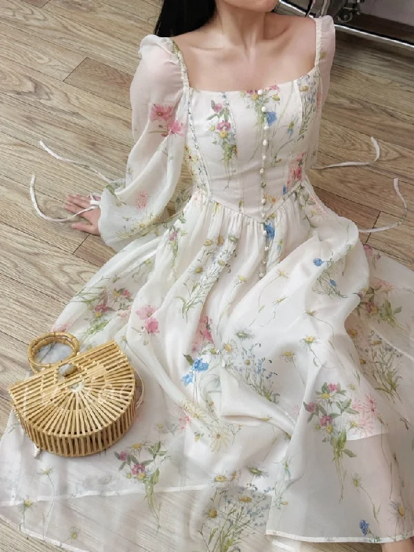 Chiffon Floral Midi Dress Office Lady Summer Elegant One Piece Dress Korean Fashion Beach Style Causal Long Sleeve Sundress Comfortable Wrap Midi Dress