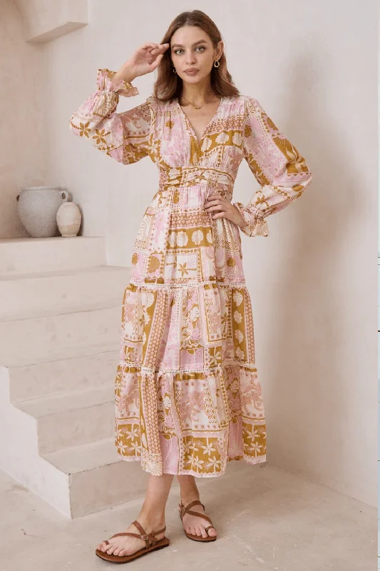 Colette Long Sleeve Midi Dress - Patchwork Beige Comfortable Floral Print Midi Dress Colette Long Sleeve Midi Dress - Patchwork Beige Comfortable Floral Print Midi Dress