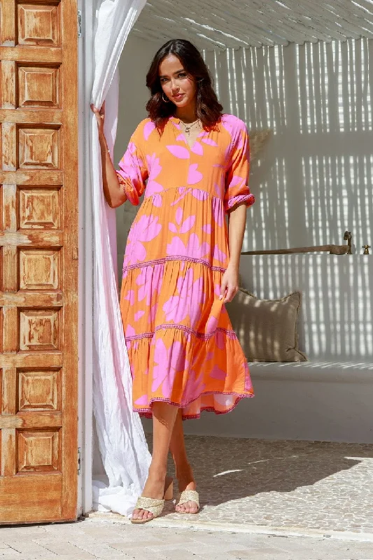 Cya Tier Lace Midi Dress - Lilac/Orange Fashionable Pleated Midi Dress