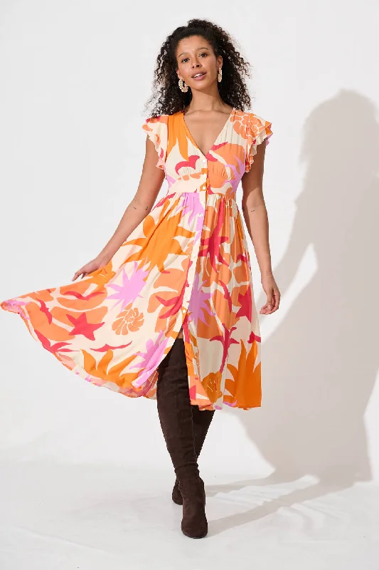 Daffodil Midi Dress In Tangerine Multi Floral Trendy Ruched Side Midi Dress