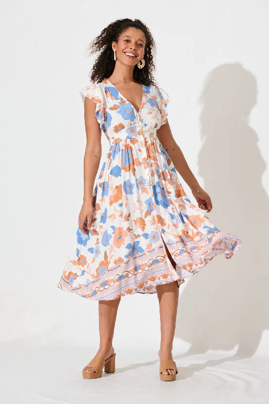 Daffodil Midi Dress In White With Rust Boho Floral Stylish Off-Shoulder Ruffle Dress