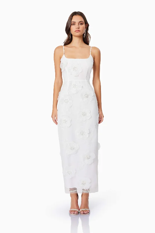 Dahlia 3D Floral Midi Dress In White Stylish Vintage Midi Dress