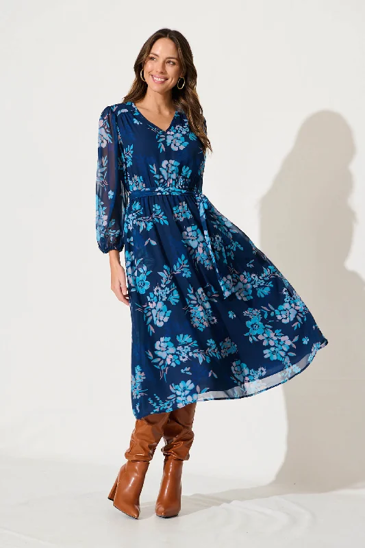 Dahlias Midi Dress In Navy With Blue Floral Chiffon Elegant Floral Skirt Midi Dress