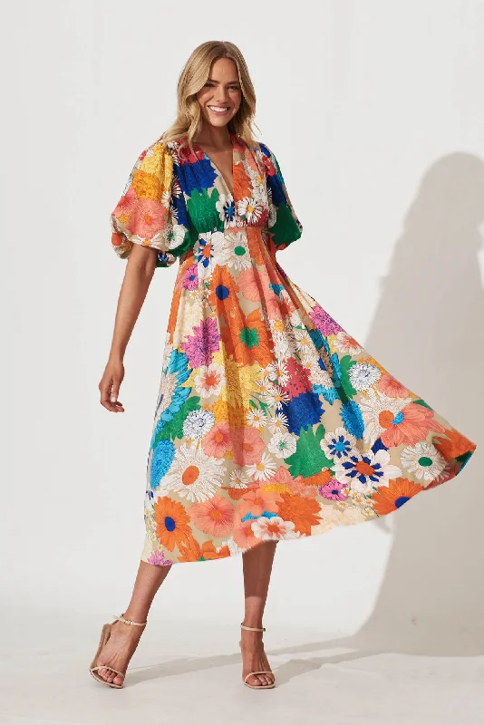 Daydreamer Midi Dress In Bright Multi Floral Trendy Fit-and-Flare Midi Dress