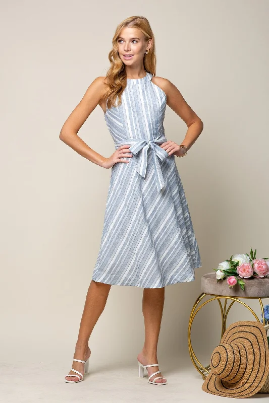 Halter Neck Multiple Stripe Midi Dress Fashionable Pleated Midi Dress