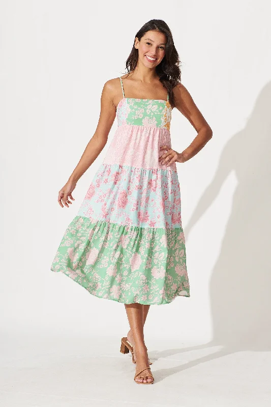 Fay Midi Dress In Green With Pink And Blue Patchwork Floral Linen Blend Trendy Smocked Detail Midi Dress