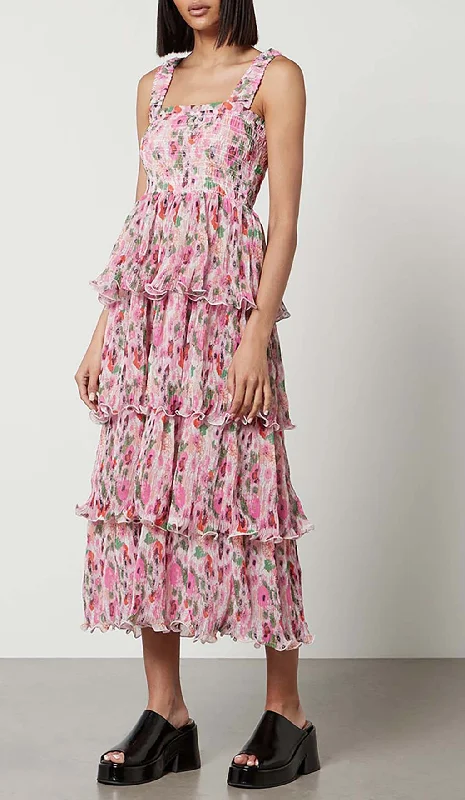 FLORAL-APPLIQUÉ TIERED MIDI DRESS IN PINK Cozy Knit Midi Dress